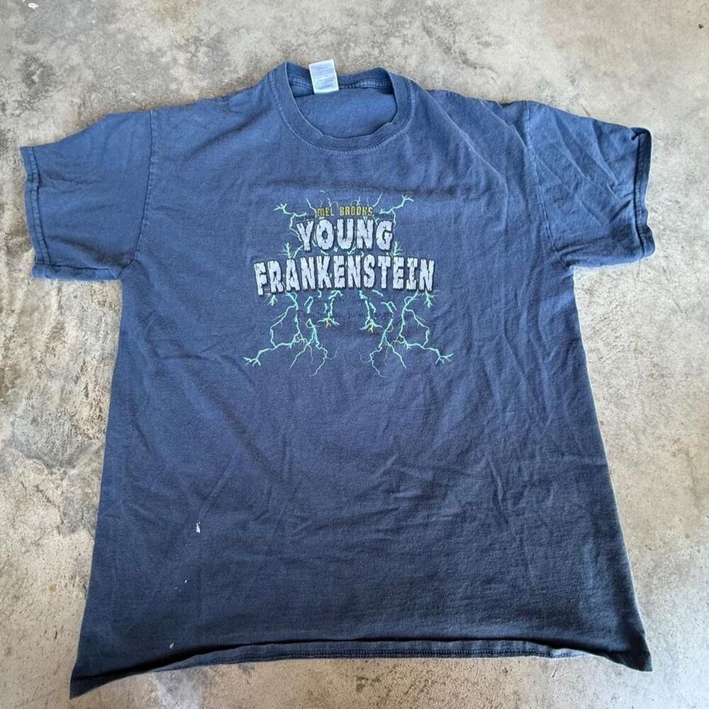 Y2K Young Frankenstein T-Shirt with white text and lightning bolt graphic